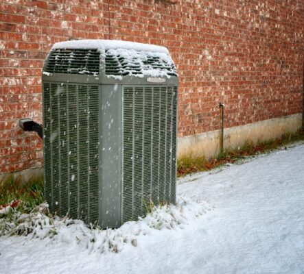 outdoor hvac unit covered in and surrounded by snow