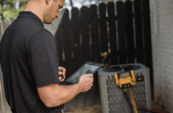 male technician performing ac tune-up on outdoor unit